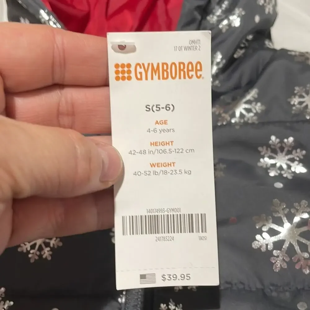 Gymboree S 5/6 grey silver snowflakes front zip hooded puffer nwt pockets